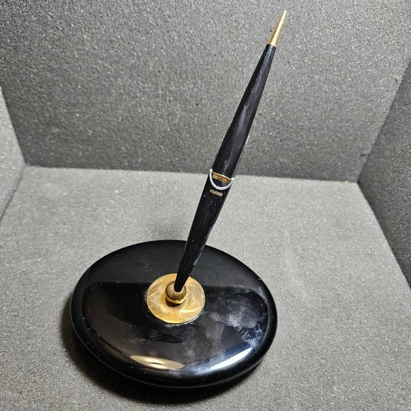 VINTAGE PARKER BLACK FOUNTAIN PEN DESK SET BLACK ONYX OVAL BASE HOLDER - Picture 1 of 9